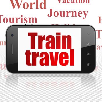 Tourism concept: Smartphone with  red text Train Travel on display,  Tag Cloud background, 3D rendering