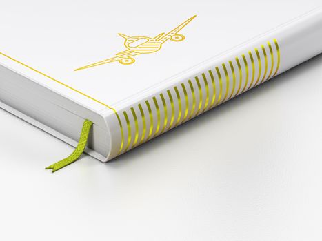 Vacation concept: closed book with Gold Aircraft icon on floor, white background, 3D rendering