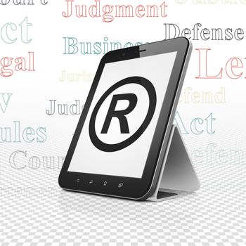 Law concept: Tablet Computer with  black Registered icon on display,  Tag Cloud background, 3D rendering