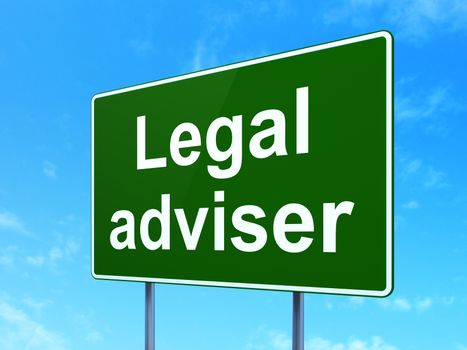 Law concept: Legal Adviser on green road highway sign, clear blue sky background, 3D rendering