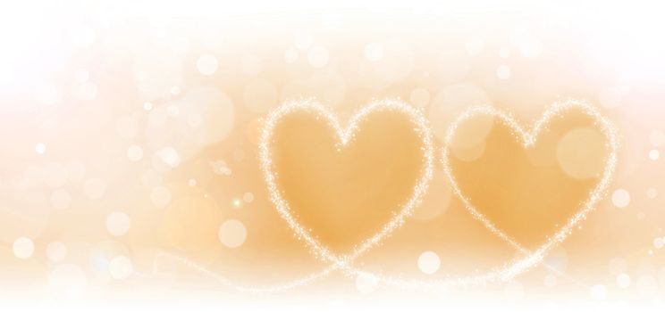 Two magic hearts of glowing lights on golden background