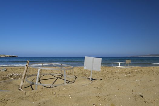 with iron racks protected sea turtles nests on the beach in Cyprus