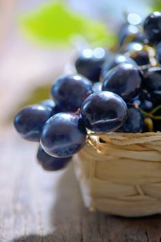 grapes in a basket on wooden background