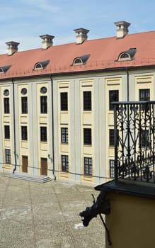 A view of the courtyard of the medieval castle of the princes of the Radziwill family in Nesvizh, Belarus.