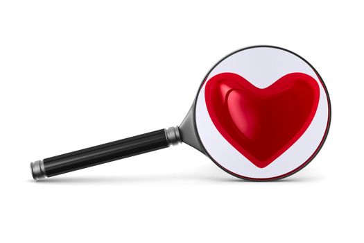 Magnifier and heart on white background. Isolated 3D image