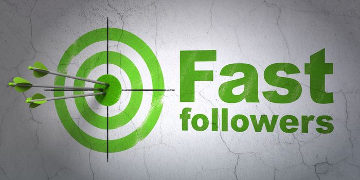 Success finance concept: arrows hitting the center of target, Green Fast Followers on wall background, 3D rendering