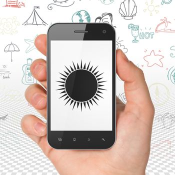 Tourism concept: Hand Holding Smartphone with  black Sun icon on display,  Hand Drawn Vacation Icons background, 3D rendering