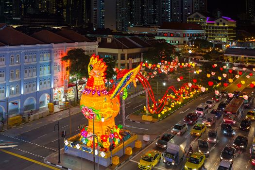 Singapore Chinatown with Lunar Chinese New Year of the Rooster 2017 Street Decoration Lit at Night