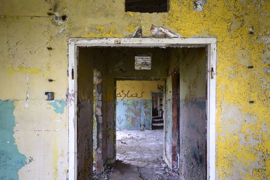 wide angle view of an old wall abandoned factory building