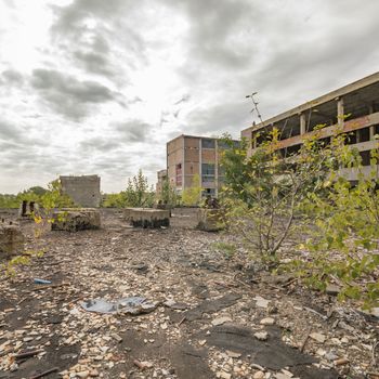 wide angle view of an old wall abandoned factory building