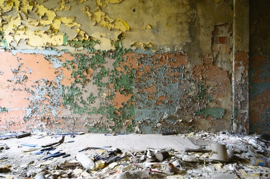 wide angle view of an old wall abandoned factory building