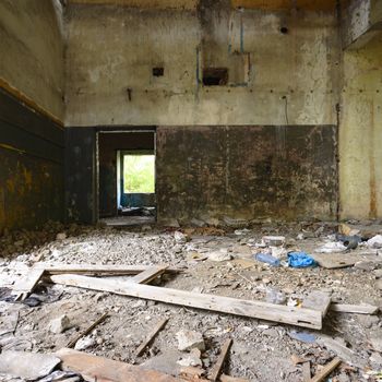 wide angle view of an old wall abandoned factory building