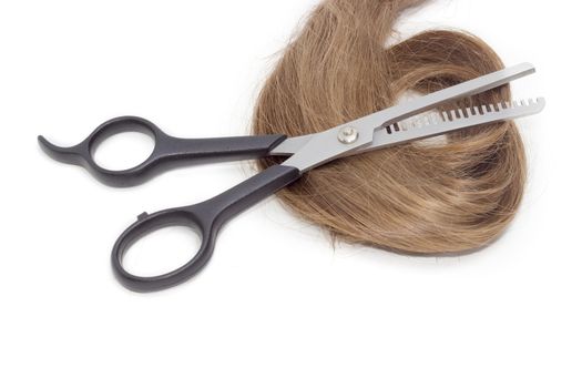 Specialized type of hairdressers scissors - thinning shears  against the backdrop of strand of female hair on a light background. 
