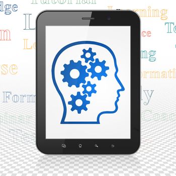 Education concept: Tablet Computer with  blue Head With Gears icon on display,  Tag Cloud background, 3D rendering