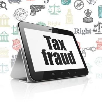 Law concept: Tablet Computer with  black text Tax Fraud on display,  Hand Drawn Law Icons background, 3D rendering