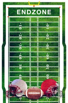 A retro grunge American football field and ball and helmets background illustration.