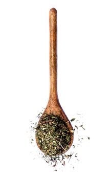 Dried Thyme Herbs with Leafs and Stems in Wooden Spoon isolated on White background