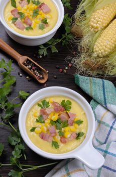 Puree soup with  mealies with slices of fried bacon with parsley