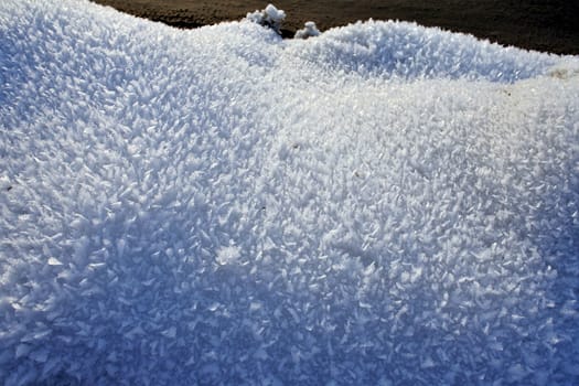snow crystals closeup against the morning sun