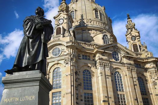 Frauenkirche (Our Lady church) and statue Martin Luther in the center of old town in Dresden, Germany