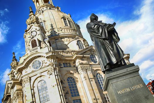 Frauenkirche (Our Lady church) and statue Martin Luther in the center of old town in Dresden, Germany