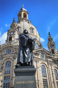 Frauenkirche (Our Lady church) and statue Martin Luther in the center of old town in Dresden, Germany