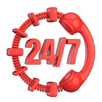 Red 24 hours a day and 7 days a week sign. 3D render illustration isolated on white background