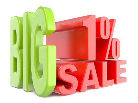 Big sale and percent 1% 3D words sign. 3D render illustration isolated on white background