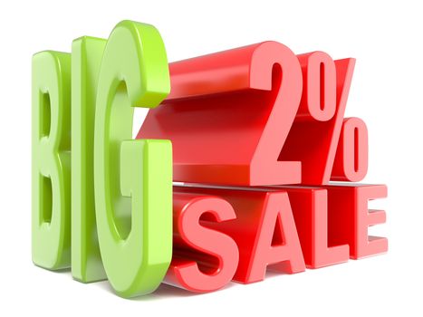 Big sale and percent 2% 3D words sign. 3D render illustration isolated on white background