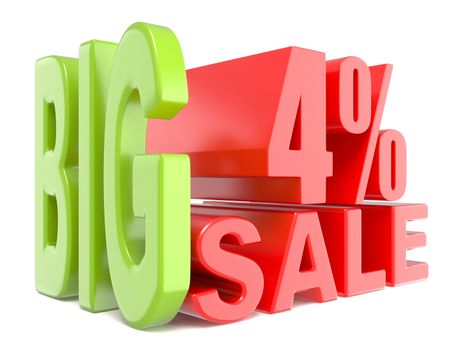 Big sale and percent 4% 3D words sign. 3D render illustration isolated on white background