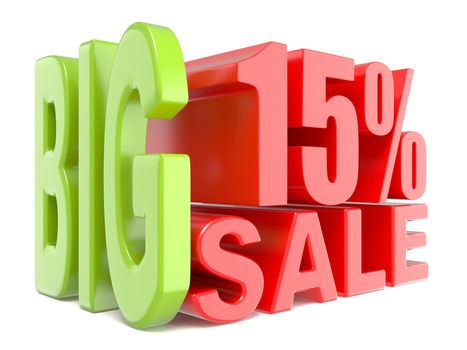 Big sale and percent 15% 3D words sign. 3D render illustration isolated on white background