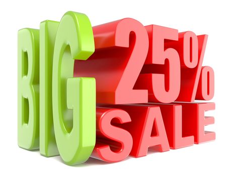 Big sale and percent 25% 3D words sign. 3D render illustration isolated on white background