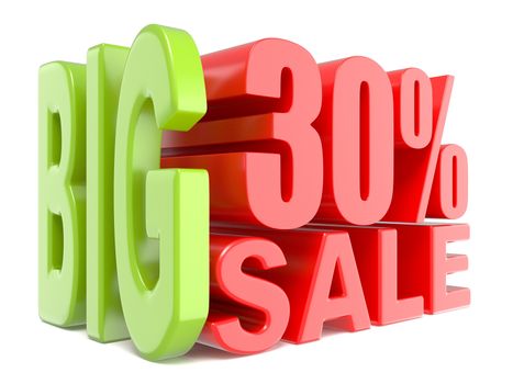 Big sale and percent 30% 3D words sign. 3D render illustration isolated on white background