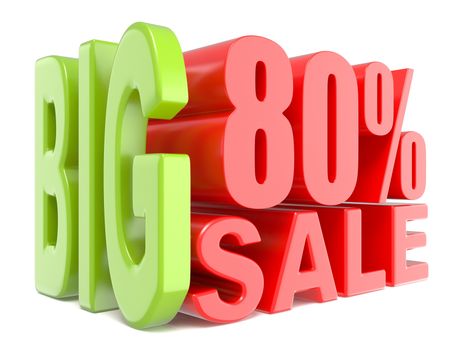 Big sale and percent 80% 3D words sign. 3D render illustration isolated on white background