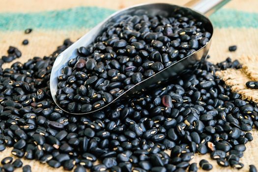 black beans seeds in steel spon on sack wood backgrond