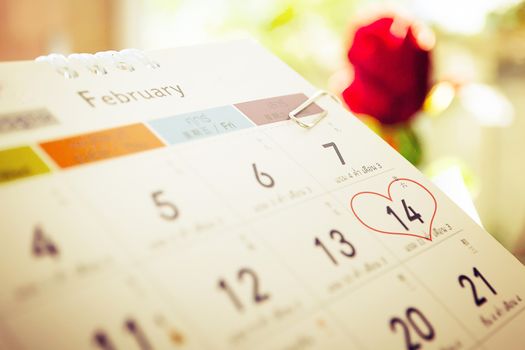 Red roses flower with calendar in valentine day