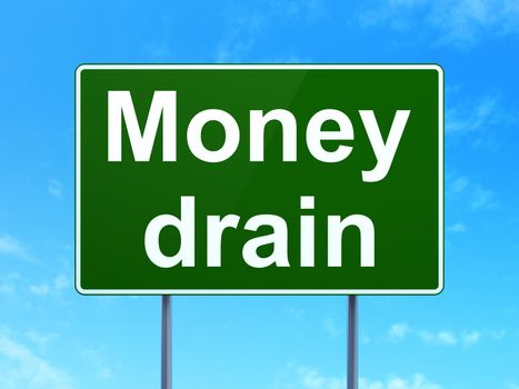 Banking concept: Money Drain on green road highway sign, clear blue sky background, 3D rendering