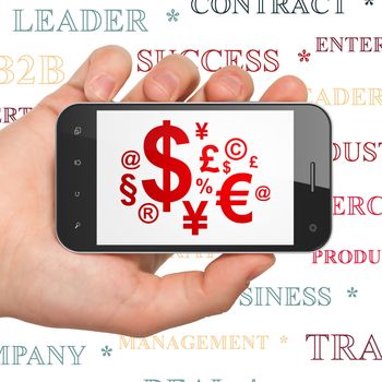 Business concept: Hand Holding Smartphone with  red Finance Symbol icon on display,  Tag Cloud background, 3D rendering