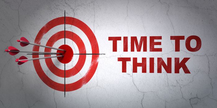 Success time concept: arrows hitting the center of target, Red Time To Think on wall background, 3D rendering