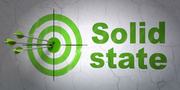 Success Science concept: arrows hitting the center of target, Green Solid State on wall background, 3D rendering