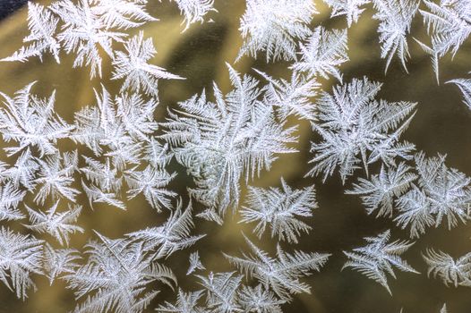 frozen white snowflakes on glass close-up shot of winter