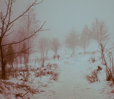 winter landscape children go sledding