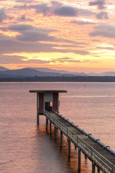 sun rising sky at bangphra reservoir and waterwork station in chonburi eastern of thailand