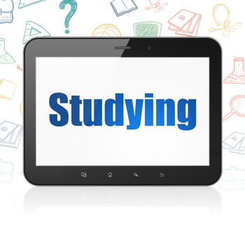 Education concept: Tablet Computer with  blue text Studying on display,  Hand Drawn Education Icons background, 3D rendering
