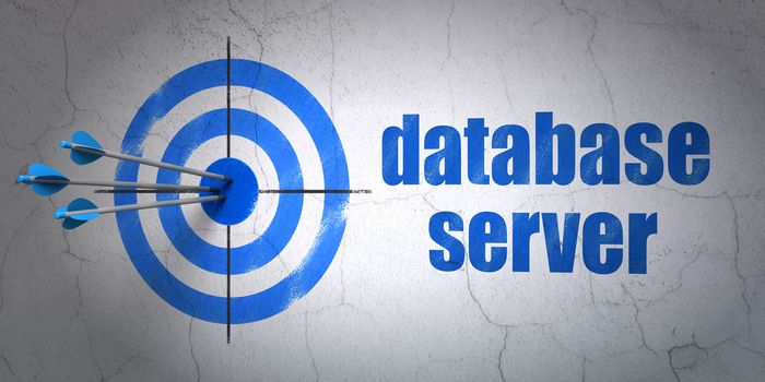 Success Programming concept: arrows hitting the center of target, Blue Database Server on wall background, 3D rendering