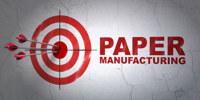 Success Industry concept: arrows hitting the center of target, Red Paper Manufacturing on wall background, 3D rendering