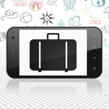 Travel concept: Smartphone with  black Bag icon on display,  Hand Drawn Vacation Icons background, 3D rendering