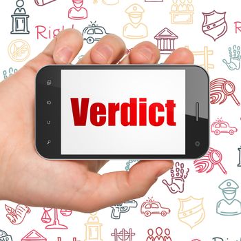 Law concept: Hand Holding Smartphone with  red text Verdict on display,  Hand Drawn Law Icons background, 3D rendering