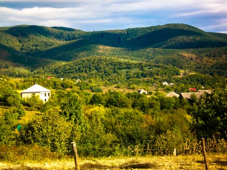 the mountainous landscape of the hills of the Carpathian mountains in Sunny day