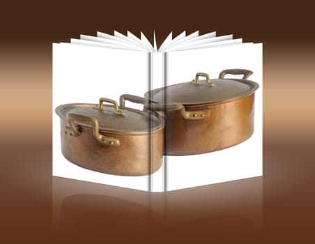 book of antique copper pots on a white background